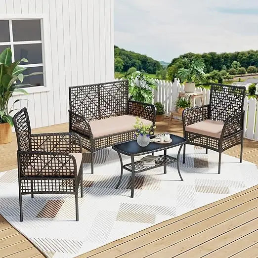4-Piece Patio Furniture Set, Weather-Resistant Rattan Patio Conversation Set with Two-Tier Coffee Table, Upholstered Openwork Wi