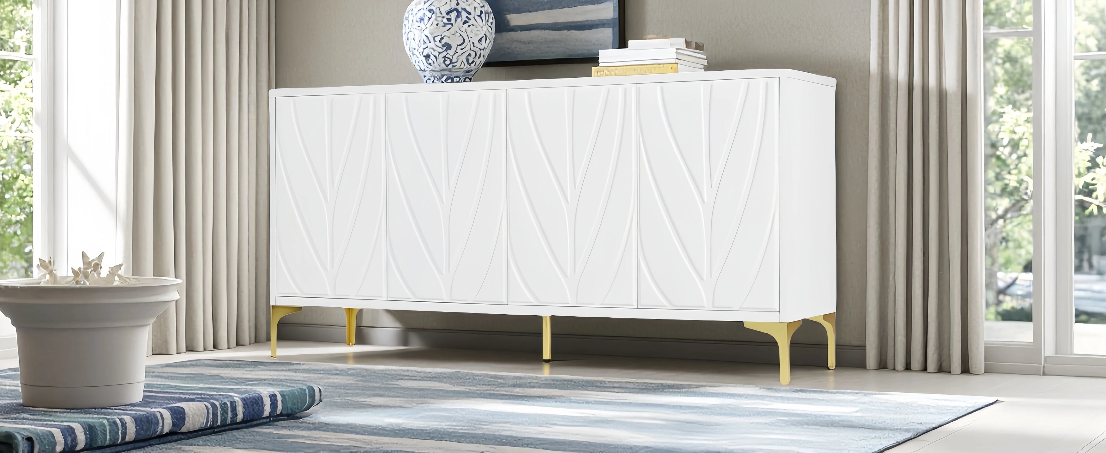 Creative carved 4-door Sideboard Handleless Press-to-Open Design Buffet Cabinet for Dining Room,Living Room, Bedroom, Hallway