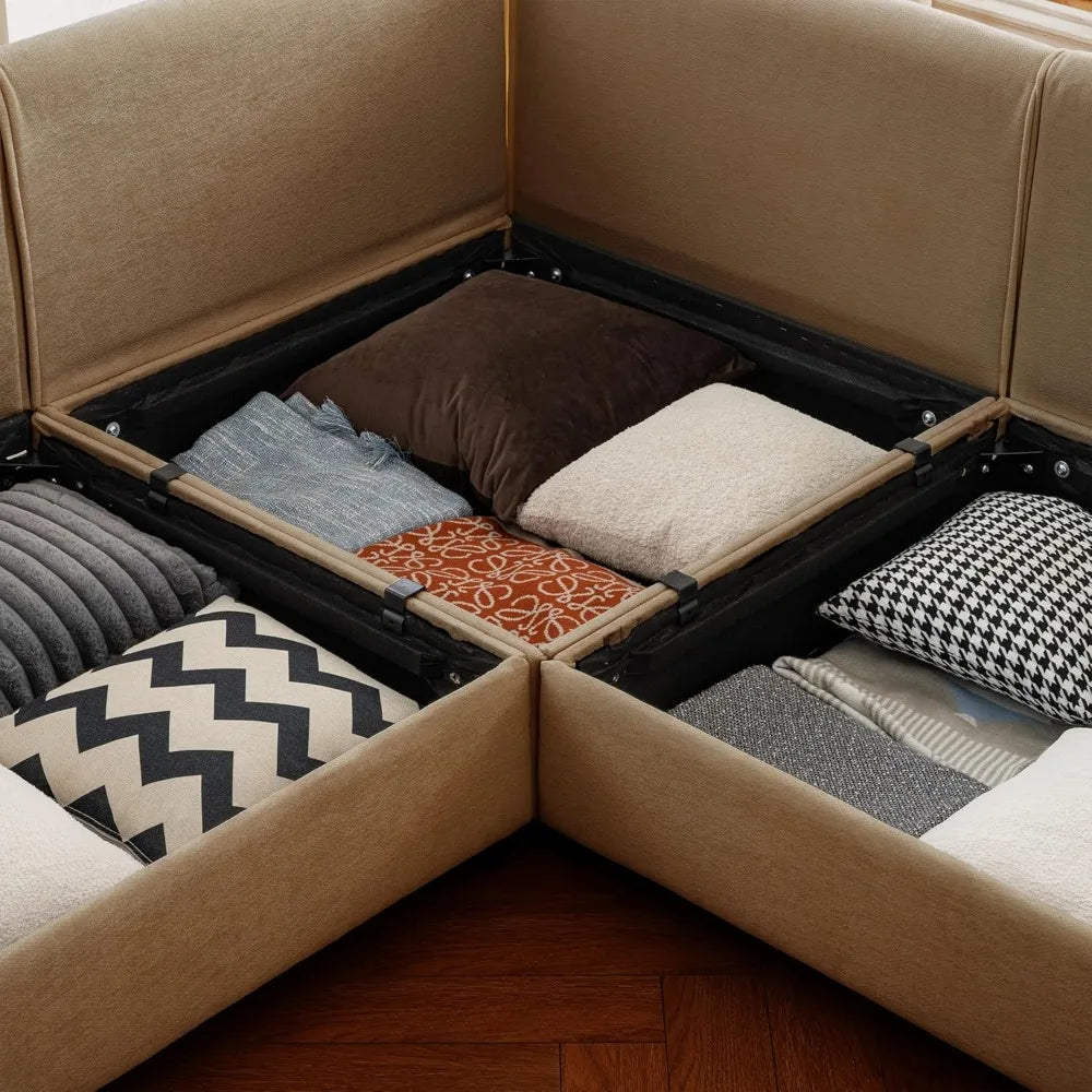 Camel L-Shaped Sectional Sofa – 109″ Modular 3-Seat with Storage