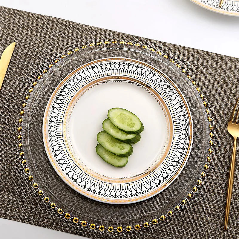 Golden Beaded Round Glass Plate – Transparent Dessert & Fruit Display Tray