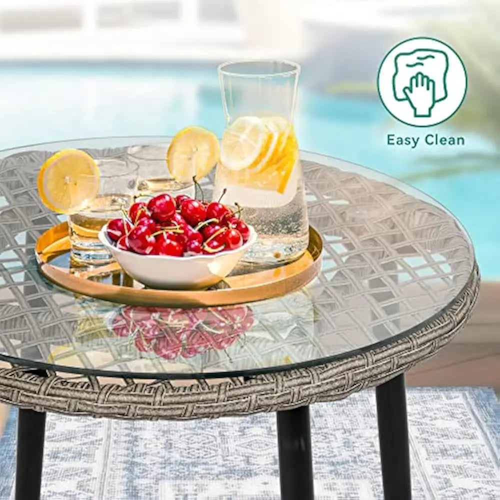 3-Piece Outdoor Patio Furniture Wicker Bistro Set, All-Weather Rattan Conversation Chairs with Soft Cushions, Glass Side Table