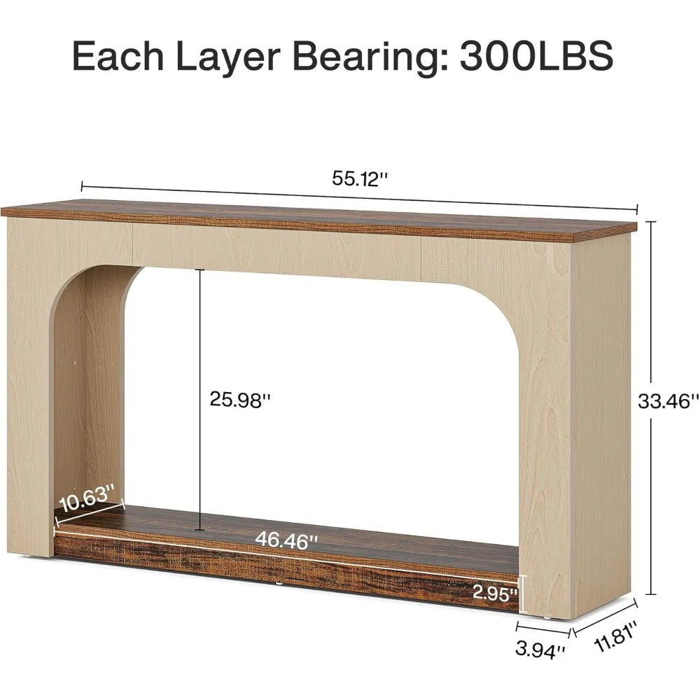 55-Inch Console Table with LED Lights, Farmhouse 2-Tier Narrow Sofa Table with Storage, Wood Foyer Entryway Behind Co