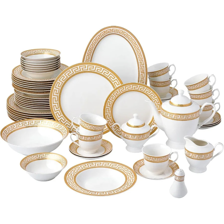 57Piece Bone China Dinnerware Set Service for 8 White and Golden Greek Key