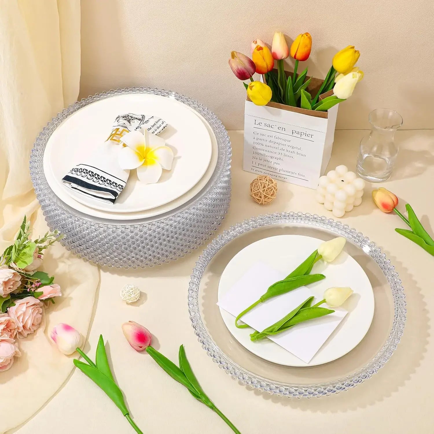 50PCS Clear Beaded Charger Plates – 13″ Acrylic Round Decorative Chargers