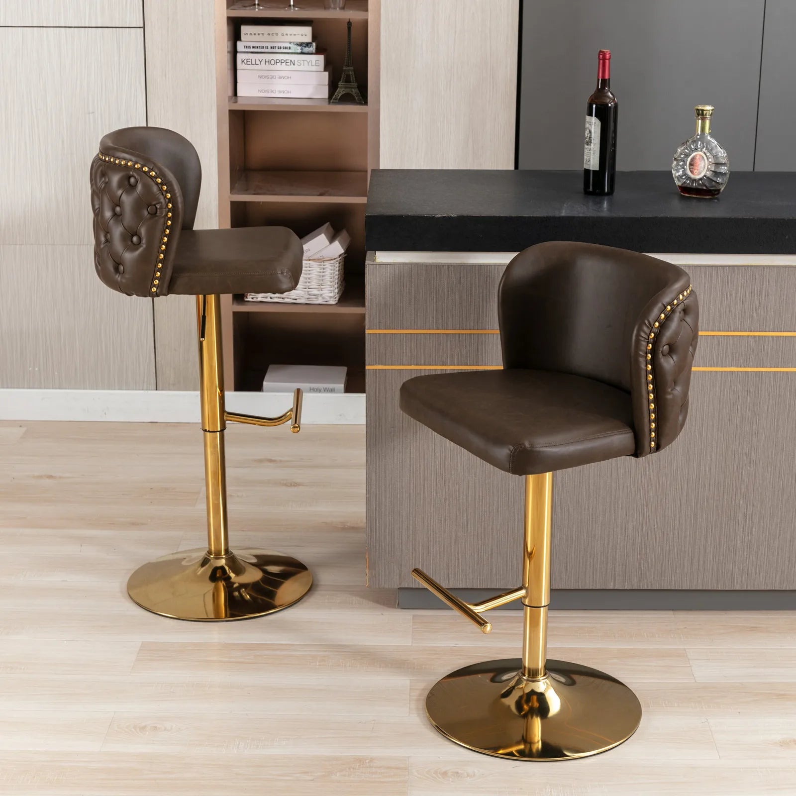 PU Leather Swivel Bar Stools – Adjustable Counter Chairs with Gold Nailheads (Set of 2)