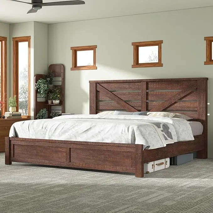 King Size Farmhouse Platform Bed Frame – 49.2″ Barn Door Headboard with Underbed Storage (Distressed White)