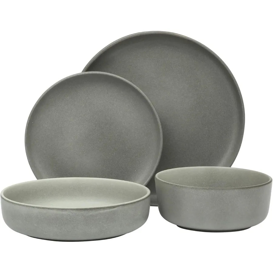 Pasco 16 Piece Service for 4 Plates and Bowls Double Bowl Reactive Glaze Dishes Stoneware Ceramic Dinnerware Set Grey