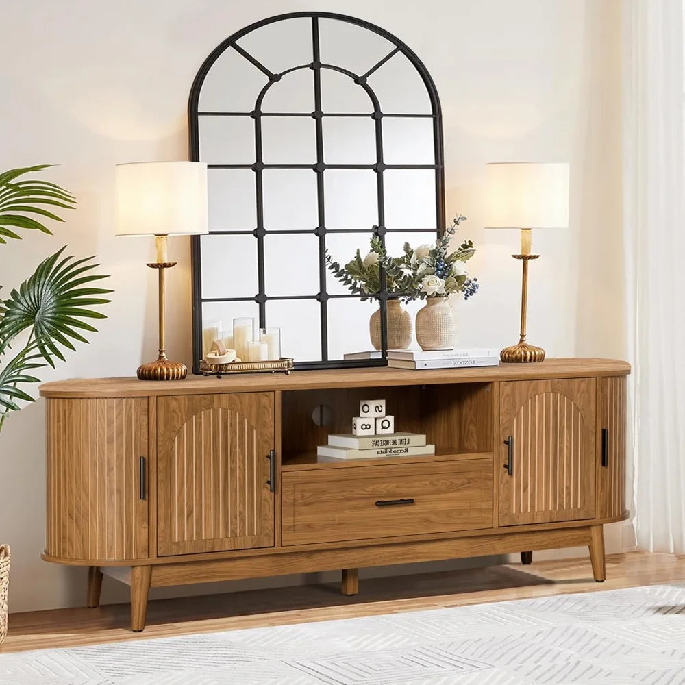 Mid-Century Modern 63 TV Stand for 70 TVs, Entertainment Center with Drawers and Fluted Doors, Curved Media Console