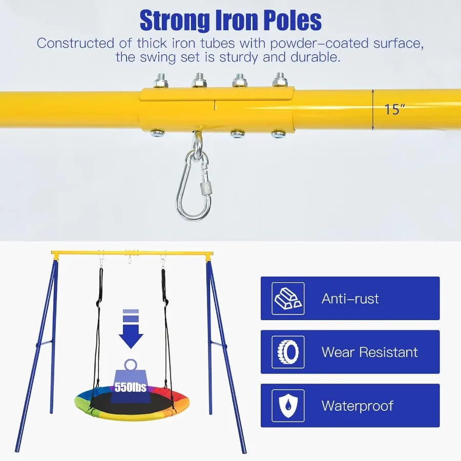 Heavy-Duty Metal A-Frame Swing Set – 40″ Saucer Swing with Adjustable Ropes