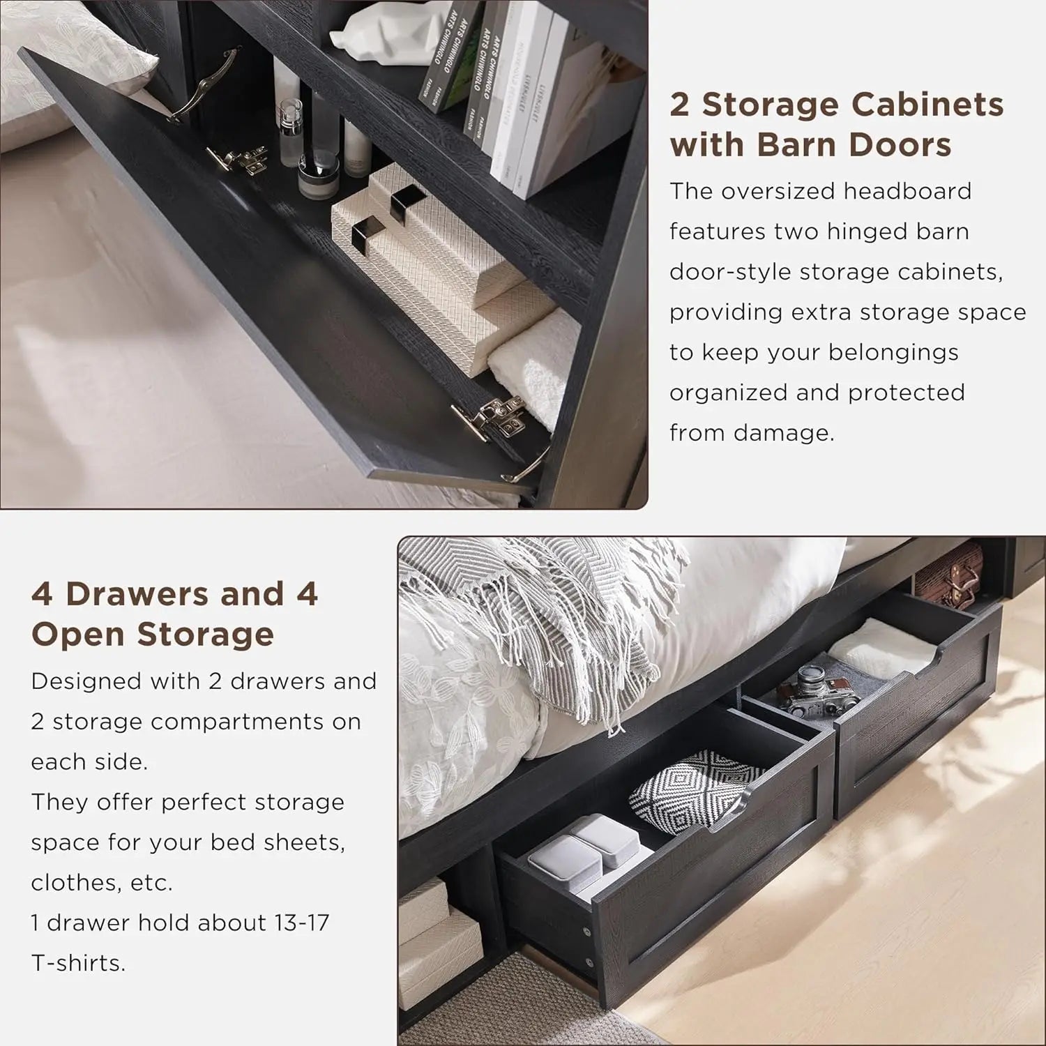 King Size Farmhouse Wood Bed Frame with Storage Bookcase Headboard, LED Light & Charging Station (Black)