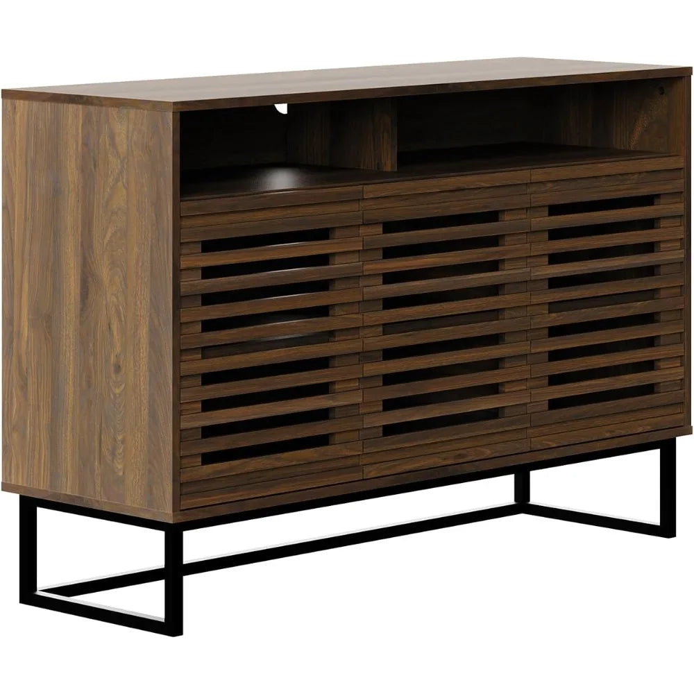 Tall TV Stand with Louvered Door and Adjustable Shelf for up to 100 inch Tvs Walnut 2 in 1 Console with Ample Storage Modern