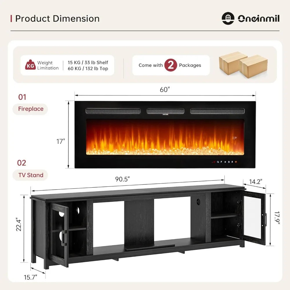 One in a Million 90-inch Fireplace TV Stand with 60-inch Electric Fireplace, Modern Entertainment Center for TVs up to 100 inche