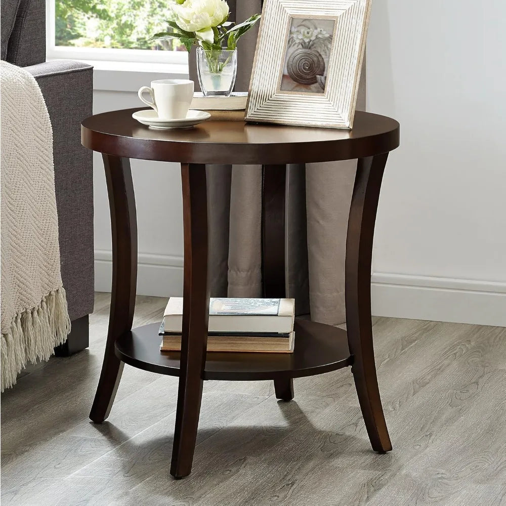 Contemporary Espresso-Finished Round End Table with Lower Shelf