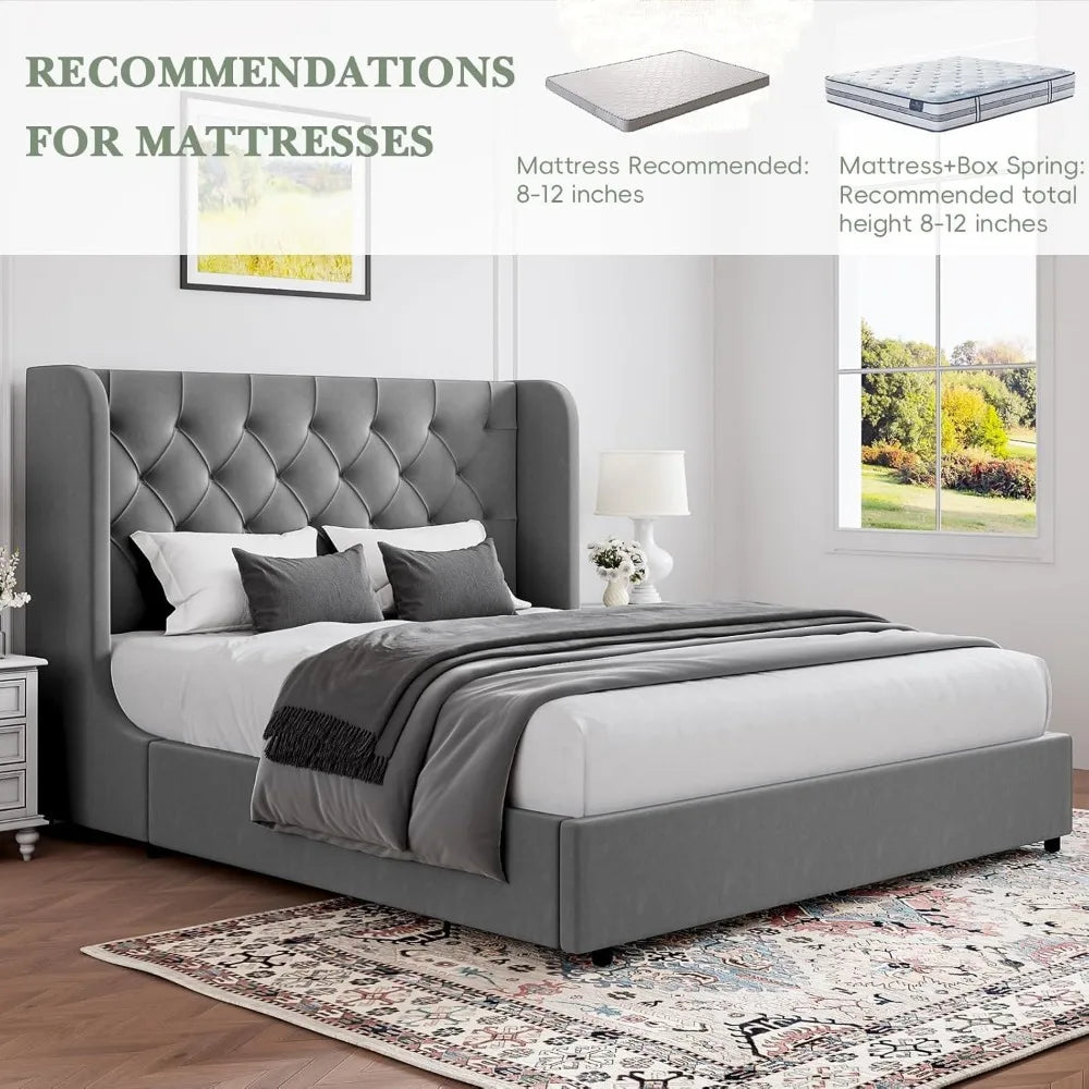 Velvet Upholstered Platform Bed Frame with Headboard – Curved Wingback Design