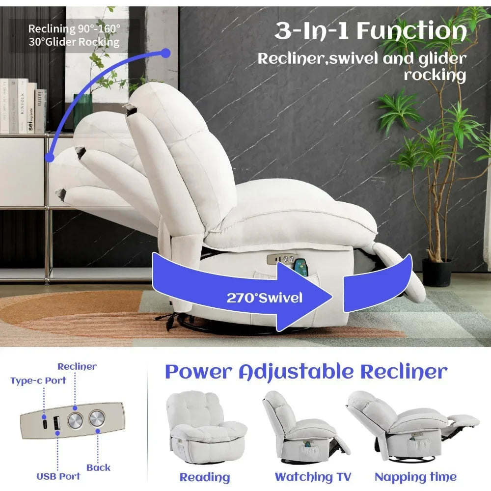 Power Recliner, Swivel Recliner with Massage and Heating, Power Rocking Gliding Recliner Sofa with USB, USB-C Ports