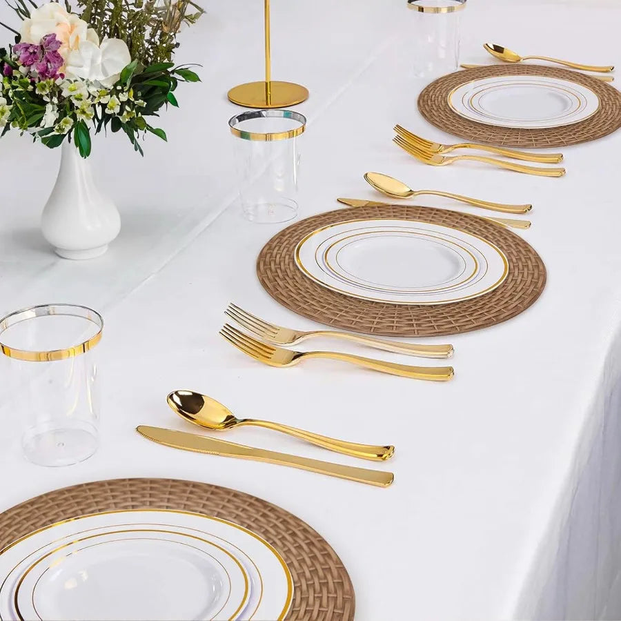 Faux Rattan Charger Plates – Set of 12, 13″ Round Brown Table Chargers