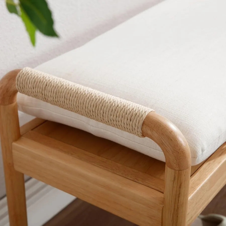 Rustic Linen Entryway Bench – Beige Upholstered End-of-Bed Ottoman with Straps