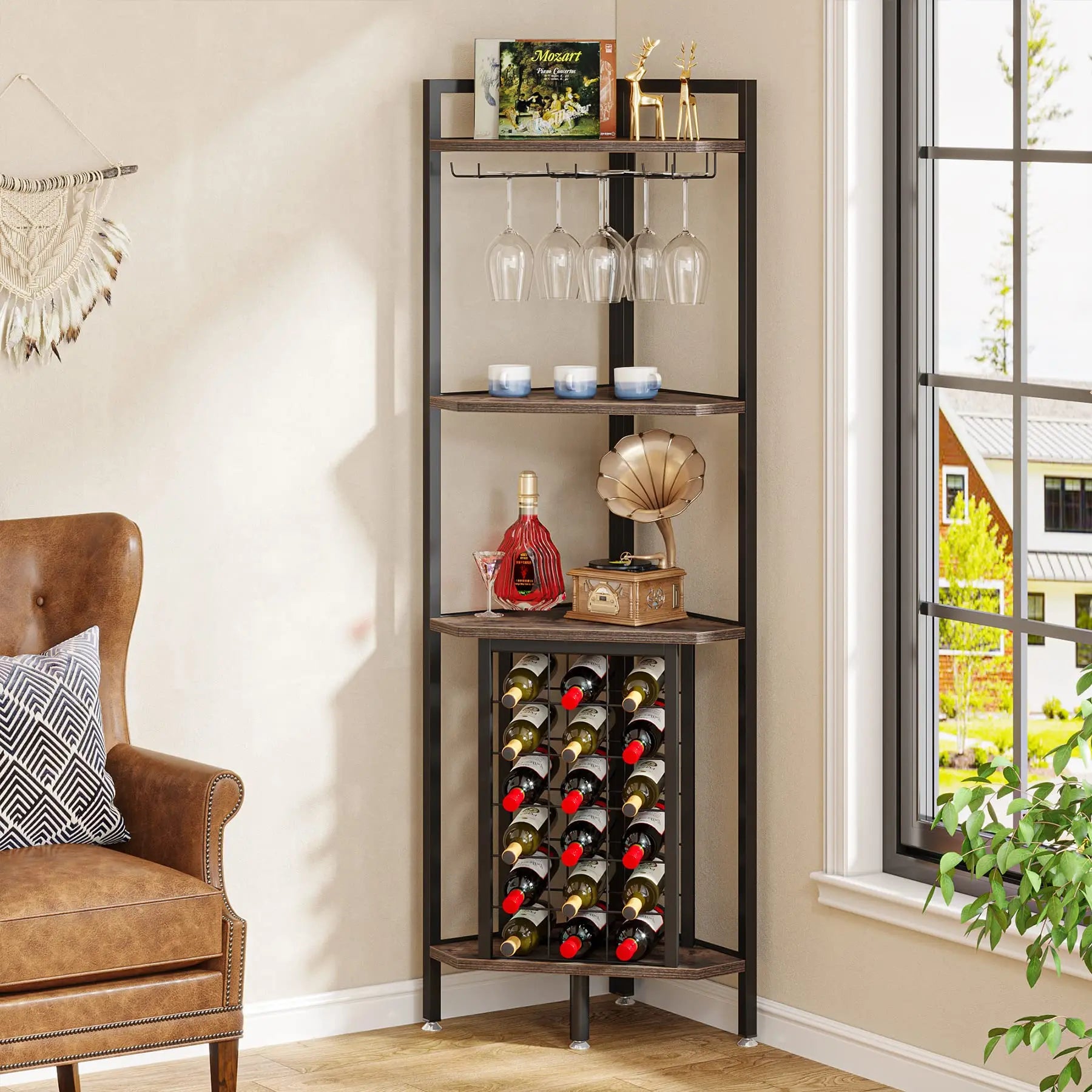 Tribesigns Wine Rack Bar Cabinet – 4-Tier Corner Shelf with Glass Holder