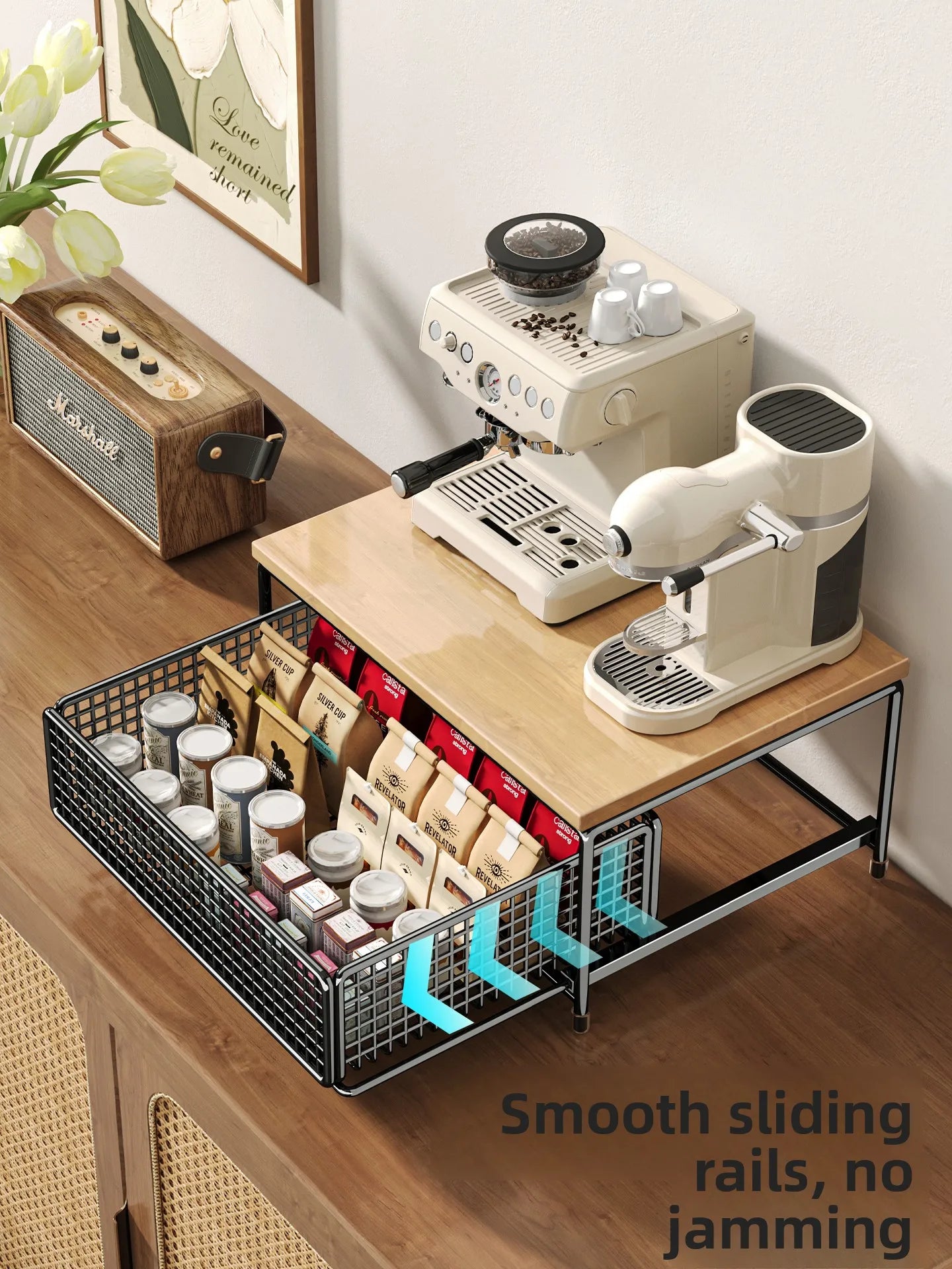 Desktop Coffee Machine Organizer – Pull-Out Barista Storage Box for Pods, Tea Bags & Cups