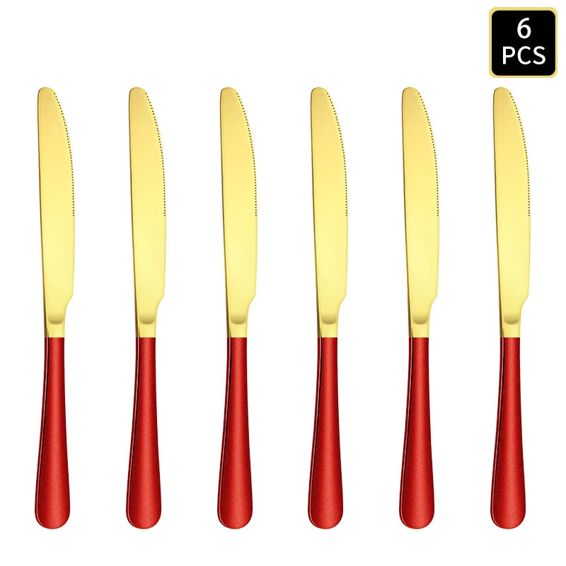 4/6/16/24pcs Gold red stainless steel cutlery 1010 round handle knife, fork and spoon household cutlery set