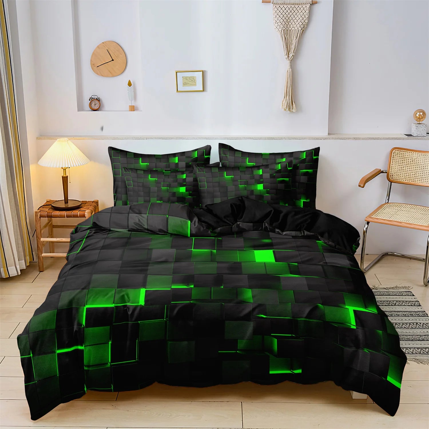 3pcs 3D Digital Print Energy Block Geometric Cube Modern Grid Plaid Checked Bedding Set  Includes 1*Duvet Cover & 2*Pillowcases