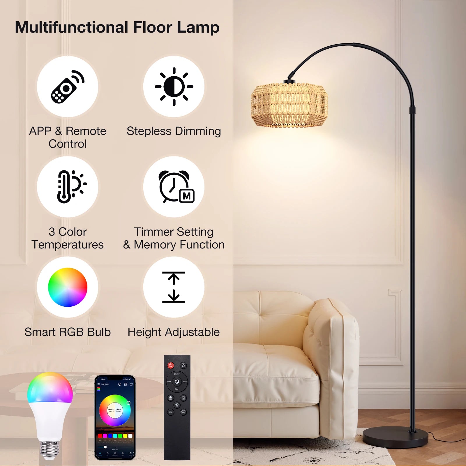 Modern Smart LED RGB Floor Lamp with APP Remote Control/ Stepless Dimming/ Timmer Setting/ Memory Function for Home Living Room