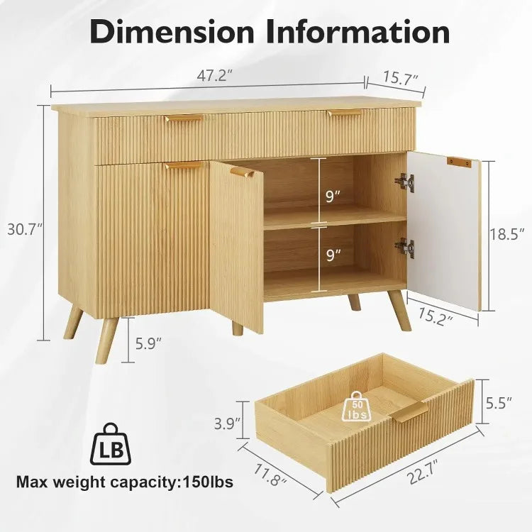Large Coffee Bar Fluted Sideboard Buffet Cabinet Storage 2 Drawers Large Sideboard Cabinet Storages Geometric Pattern Furniture
