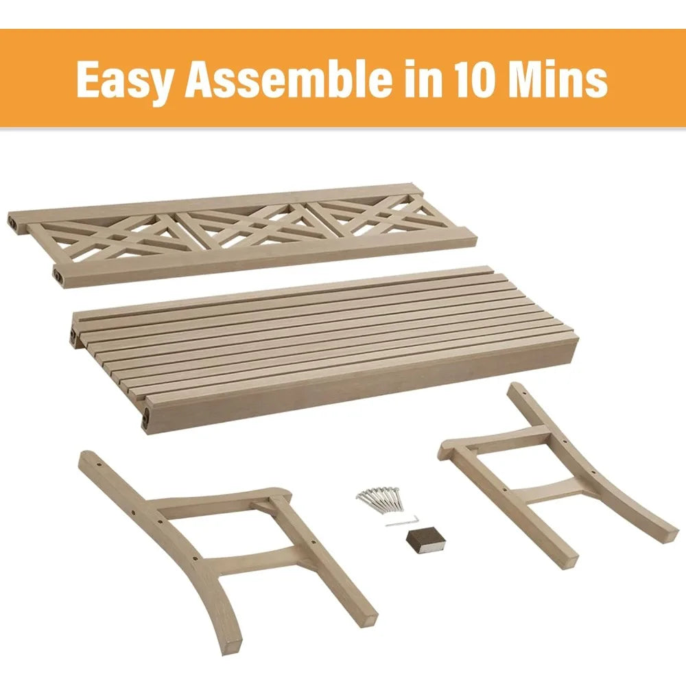 63''W All-Weather Poly Lumber Outdoor Bench – Teak Color, 3-Person Garden Bench with Decorative Backrest & Curved Armrests, Ant