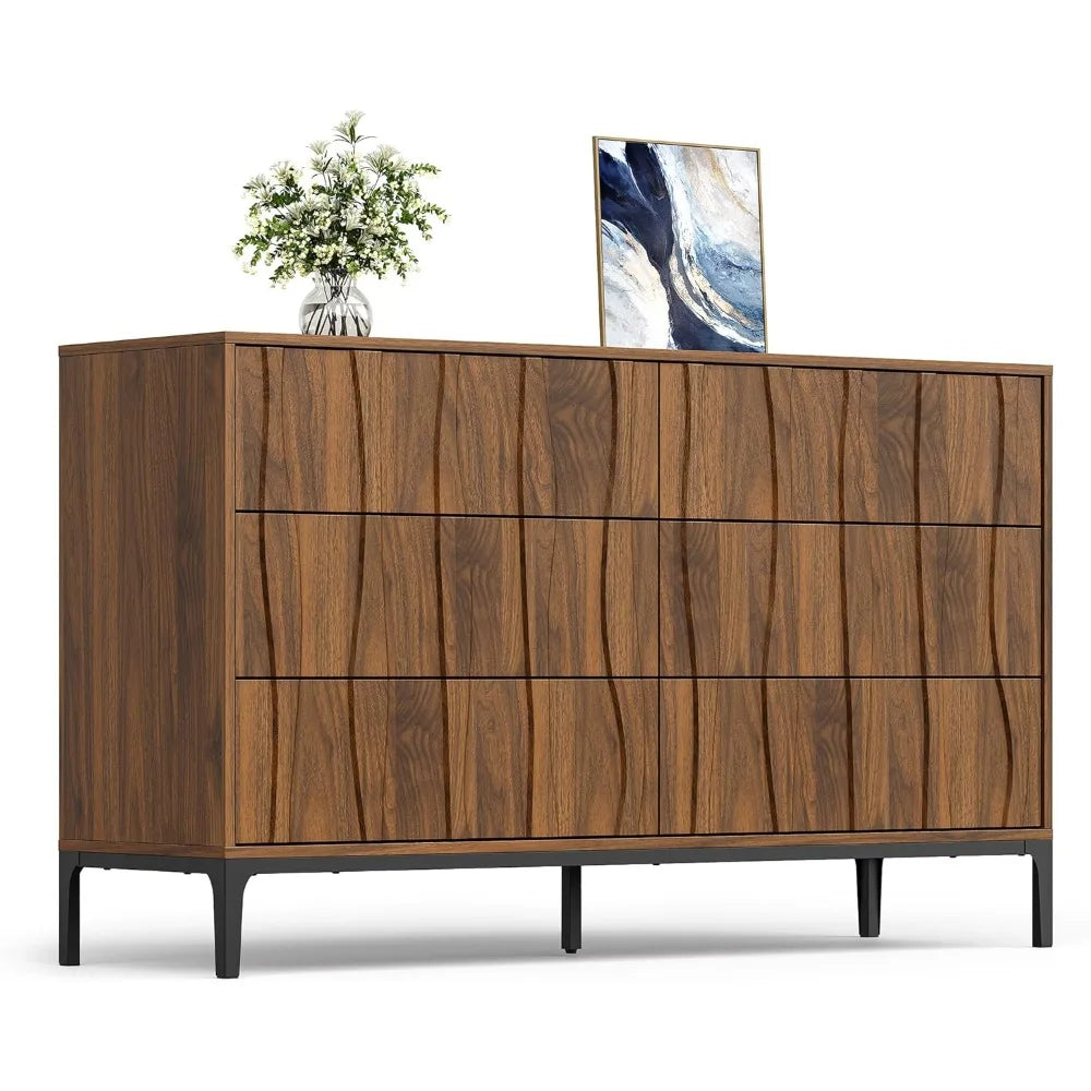 Mid-Century Modern 6 Drawer Dresser, 54” Walnut Finish Wave Front Dresser with Push-to-Open Drawers, Handle-Free Bedroom