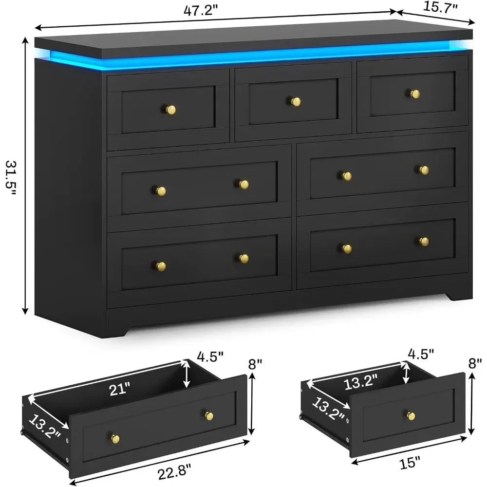 Modern LED-Illuminated 7-Drawer Black Bedroom Dresser with Wide and Long Design