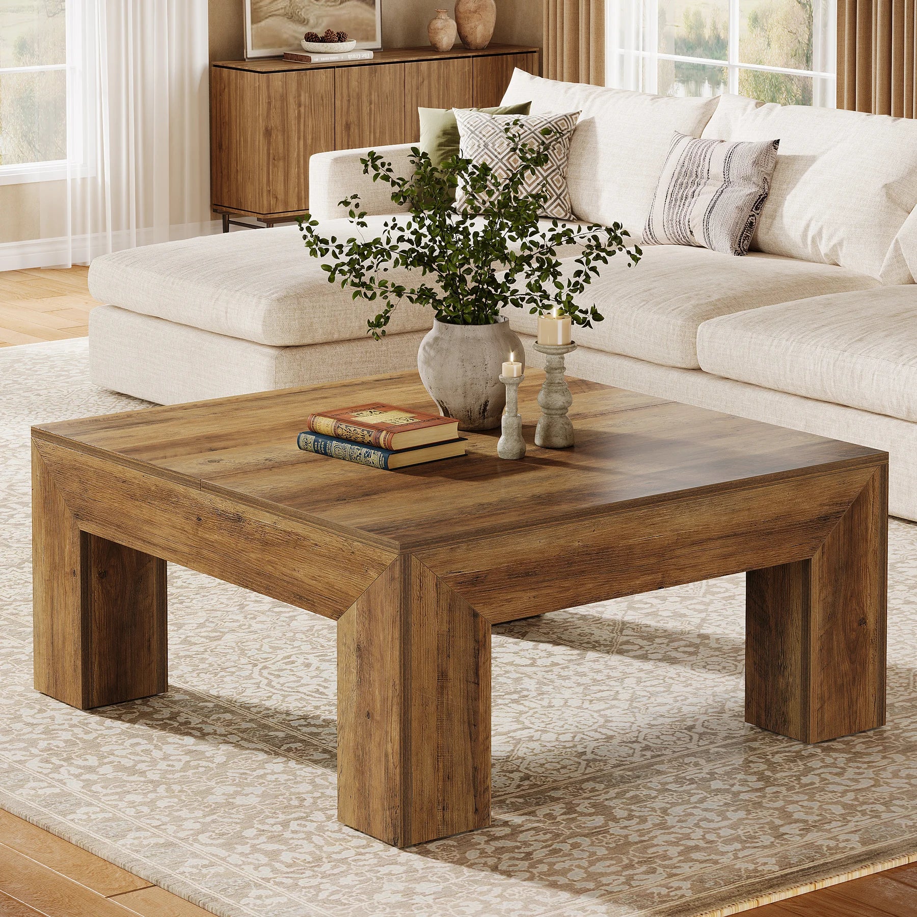 Tribesigns 39.4-Inch Square Farmhouse Coffee Table – MDF Accent Center Cocktail Table with Sturdy Wooden Legs