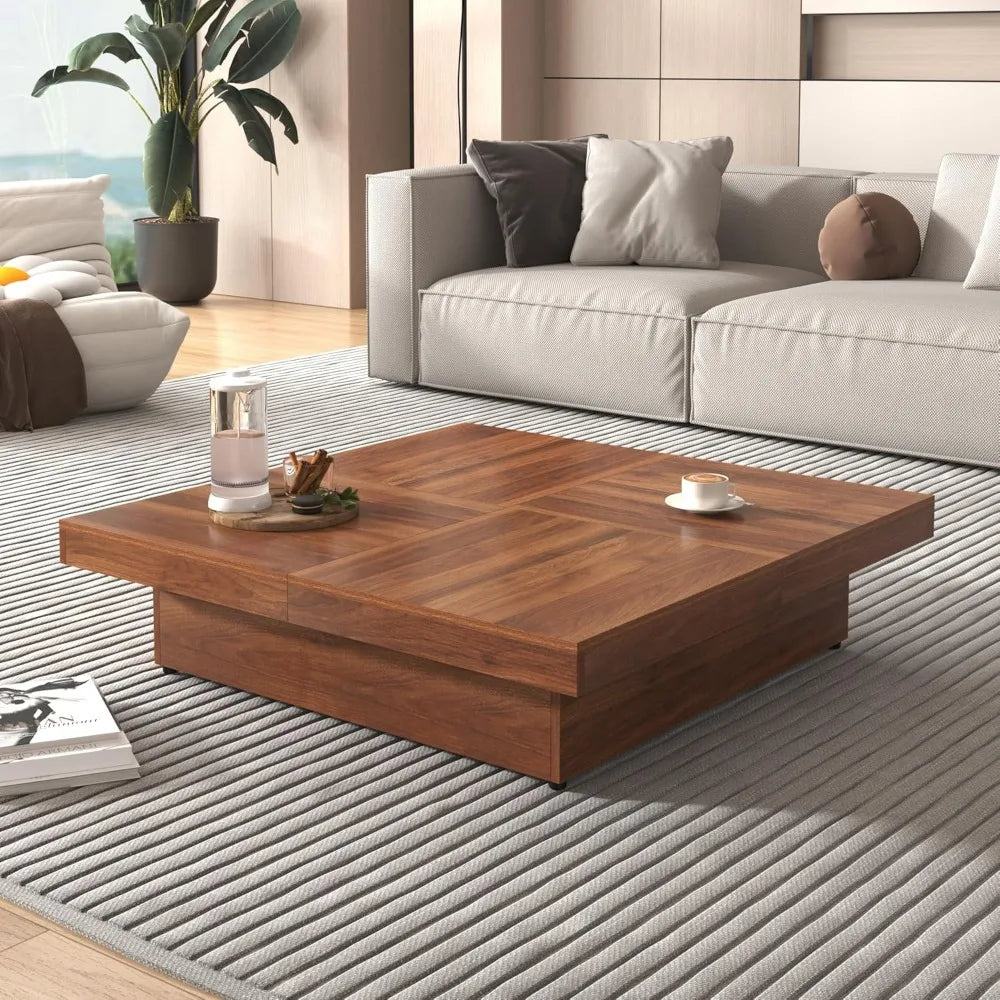 Modern Marble-Veneer Coffee Table with Sliding Top & Hidden Storage