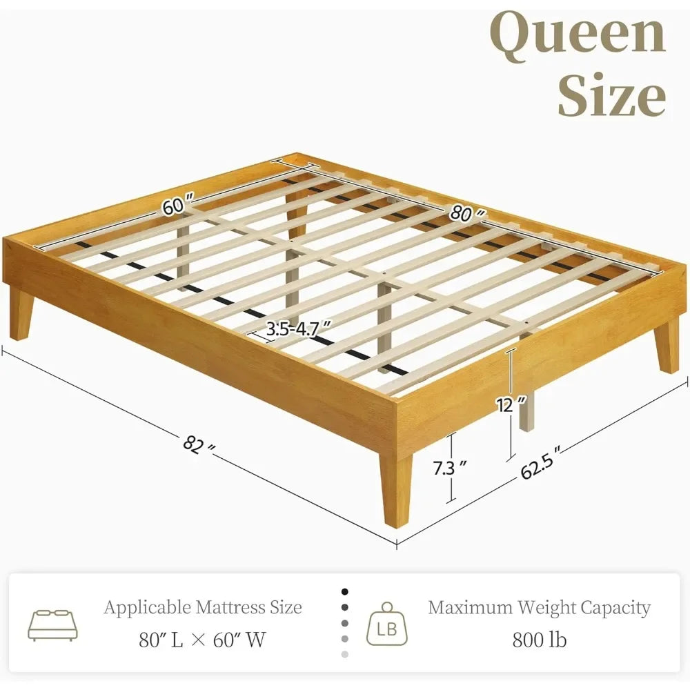 Queen Bed Frame – Natural Solid Wood Platform Bed with 12″ Underbed Storage