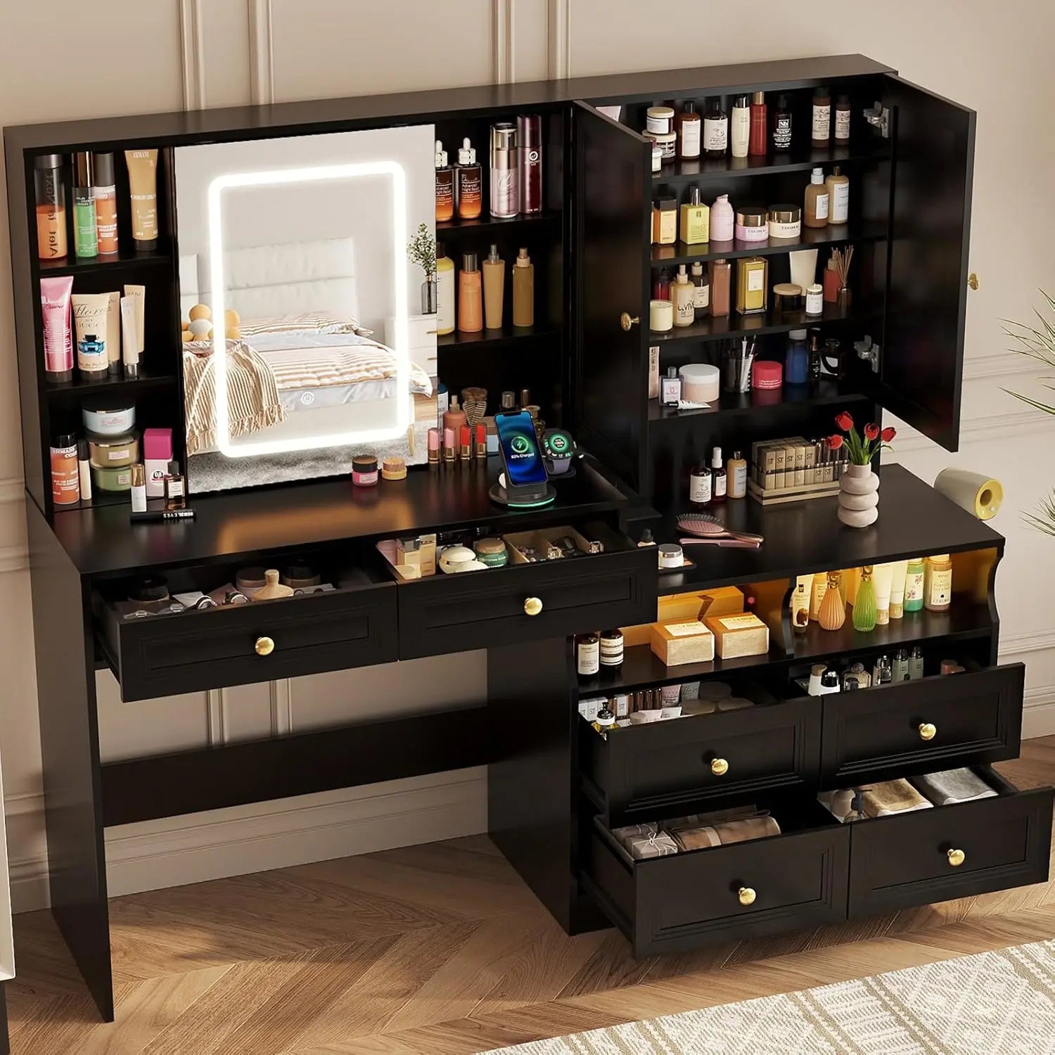 Large Black Vanity Desk with Sliding Mirror & Lights, Big 58.6" Makeup Vanity Table & Nightstand Combo with Power Outlet and 6 D