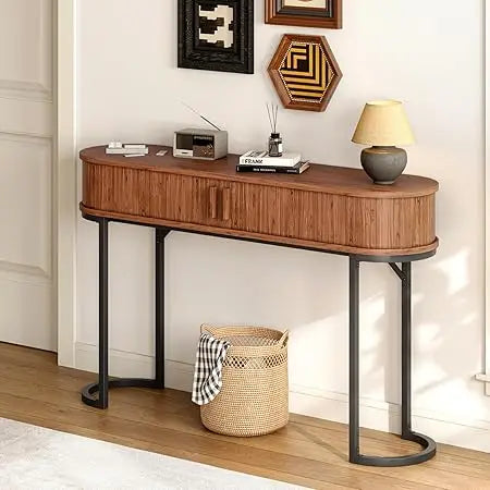 55 Inch Console Table with Sliding Door and 2 Drawers, Entryway Sofa Table with Metal Legs, Long Behind Couch Storage Furniture
