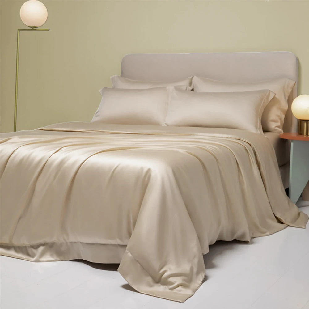 Lofuka Luxury Dark Gray 100% Pure Silk Bedding Set Beauty Double Queen King Quilt Cover Flat Sheet Pillowcase For Healthy Sleep