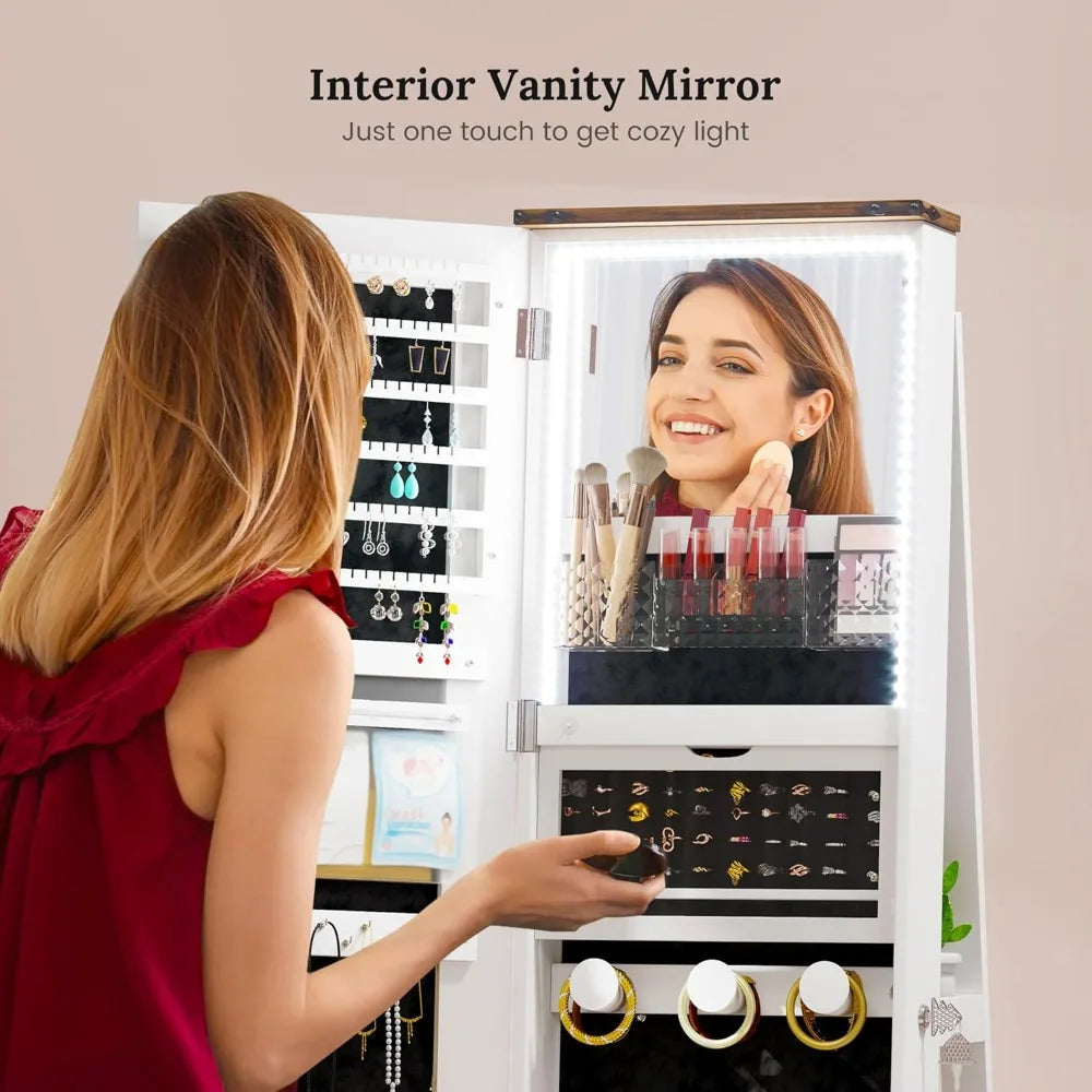 LED Mirror Jewelry Cabinet Standing, 360°Swivel Jewelry Armoire with Full Length Mirror, Mirror with Jewelry Storage