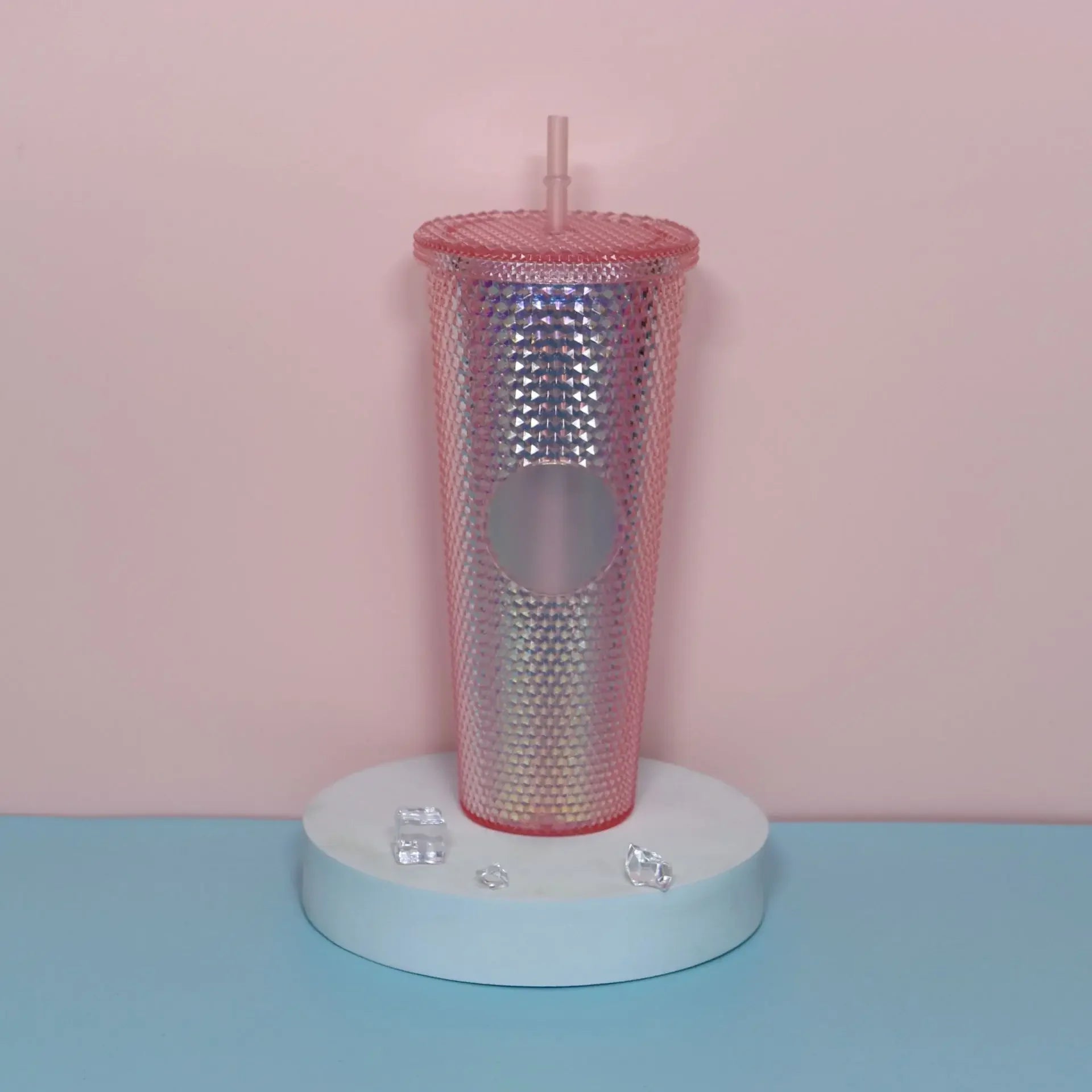 Diamond Pattern Double Layer Plastic Straw Cup with Gradient Color for Outdoor Travel Sports Drinkware Camping Gifts New