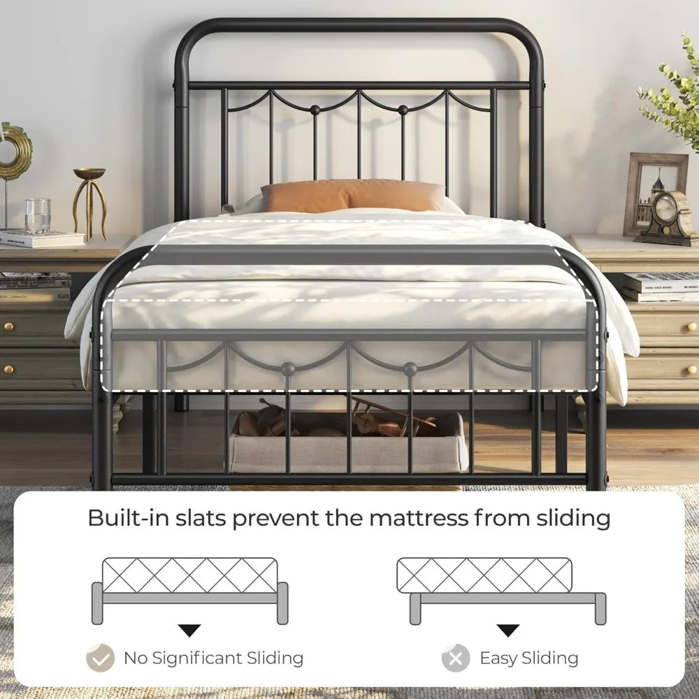 Vintage Farmhouse Twin Metal Bed Frame with Headboard, Heavy Duty Steel Slats, Under-Bed Storage, No Box Spring Needed, Black
