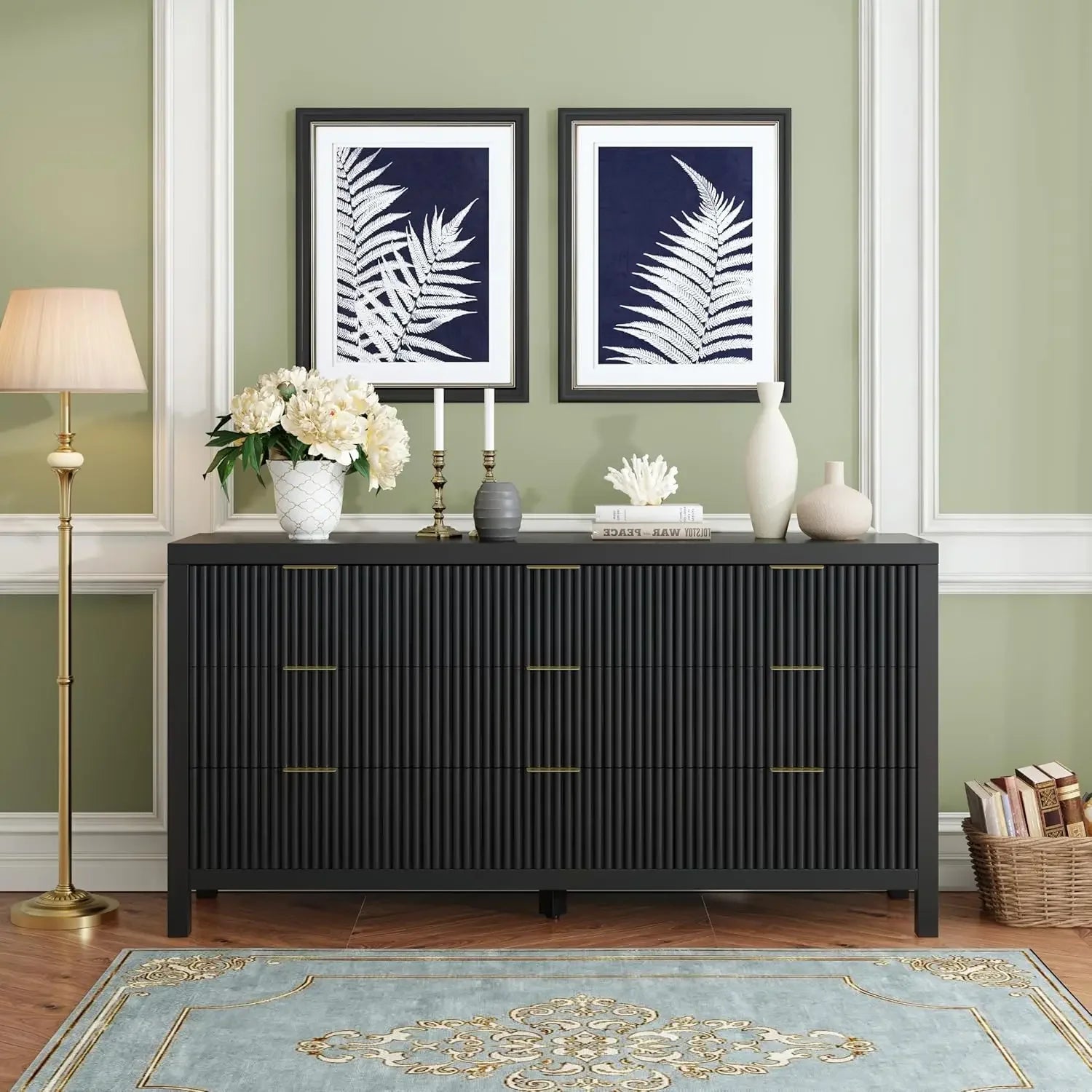 Storage Organizer Dresser with Solid Natural Wood Legs, Modern Large Chest, TV Stand, Mid Century Modern, 9 Drawers