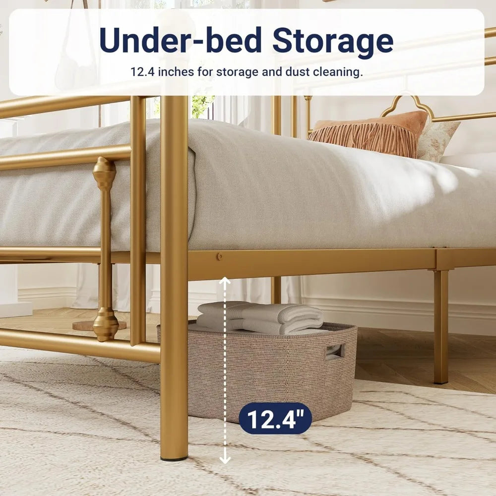 Victorian Vintage Twin Size Metal Bed Frame – Gold Finish with Headboard & Underbed Storage