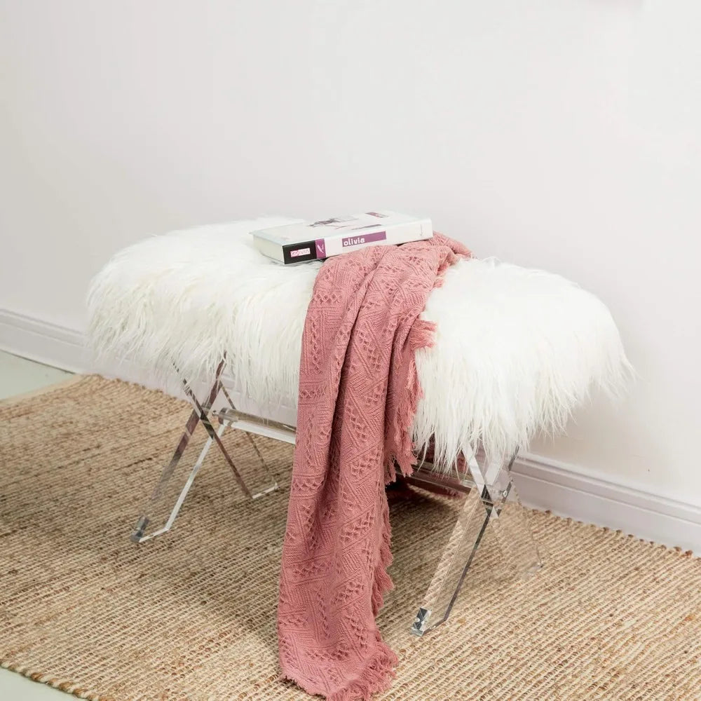White Faux Fur Ottoman Bench – Modern Footrest with Acrylic Legs