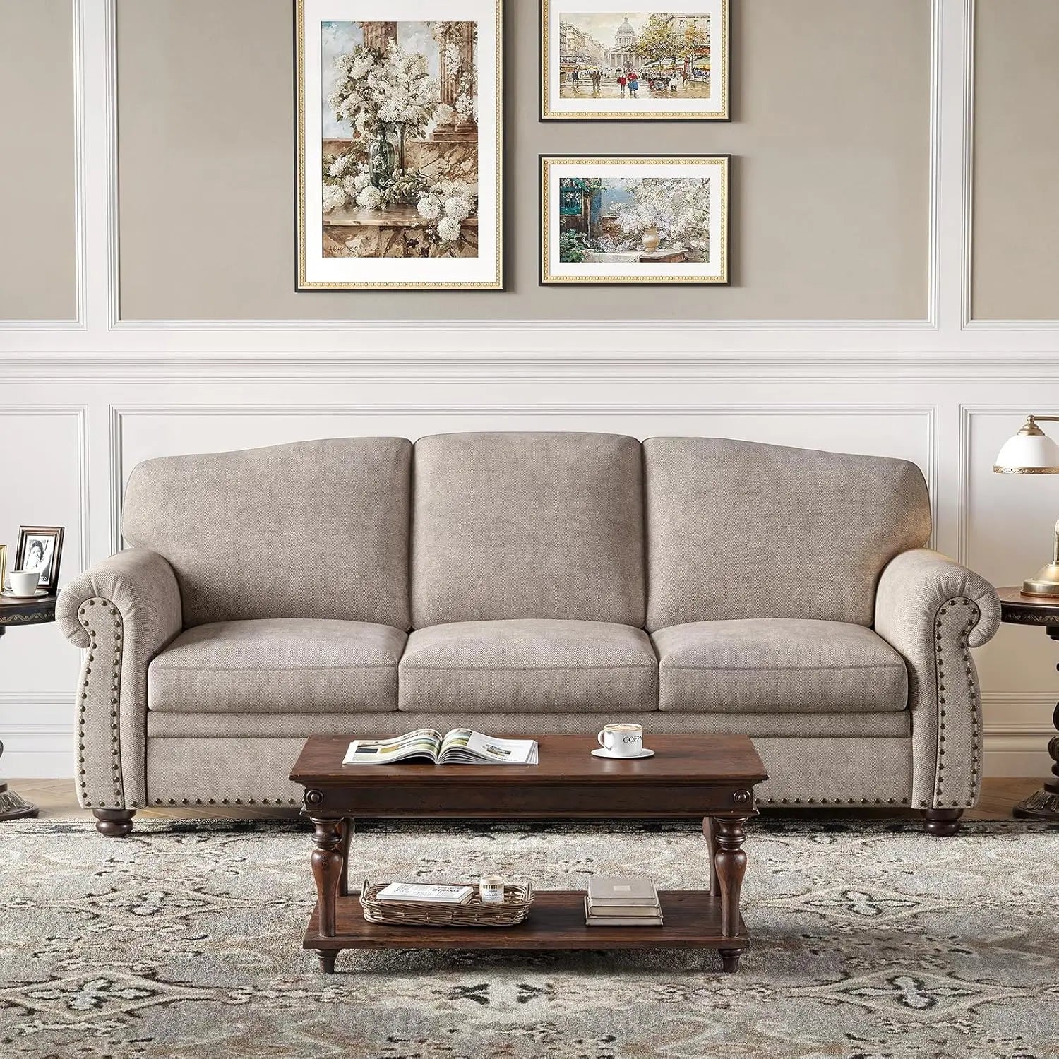 90 Inch Nailhead Trim Couch for Living Room, 23 Inch Deep Seat Rolled Arm Sofa, Comfy Upholstered 3 Seater Chenille Couch w/Wood