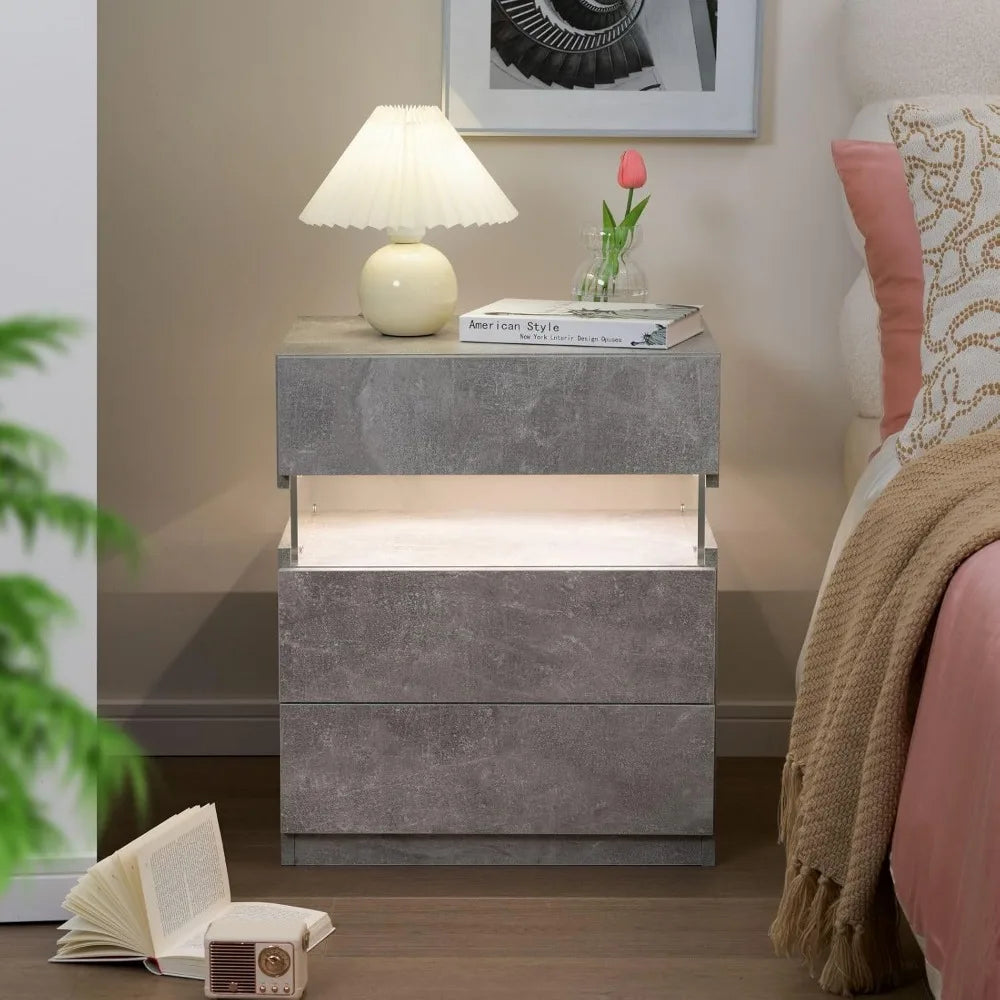 grey led nightstand set of 2,night stand set 2,modern night stand with 3 drawers,night stands for bedroom set of 2,bedside table