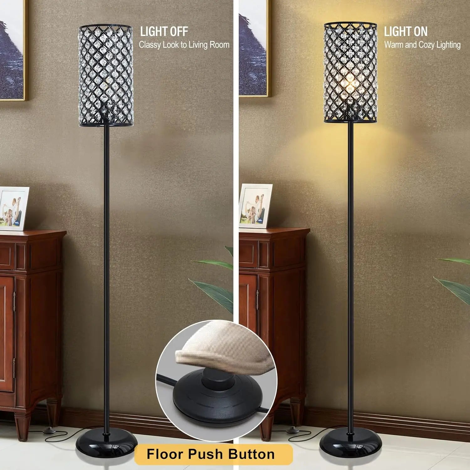 Crystal Floor Lamp, Modern Black Standing Lamp with Foot Switch, Tall Accent Light for Living Room, Bedroom, Office