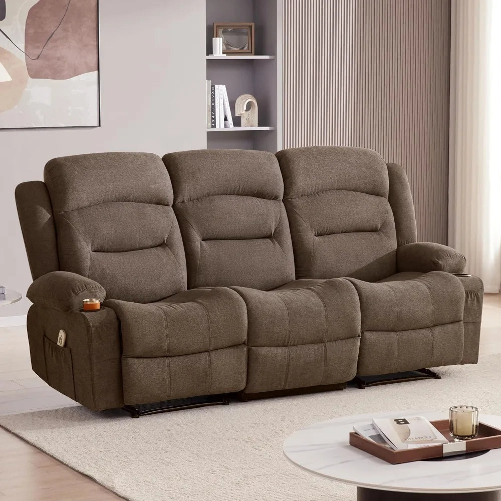 Oversized Recliner Sofa with Heat and Massage, Wall-Hugger Reclining Sofa with USB Port and Cup Holders, Large Big 3-Seater RV R