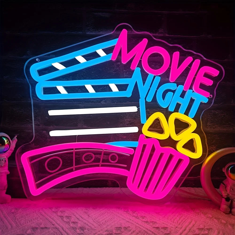 Movie Night LED Neon Sign Popcorn Neon Light for Gameroom Bedroom Bar Livingroom Birthday Party USB Dimmable Wall Decor Gift