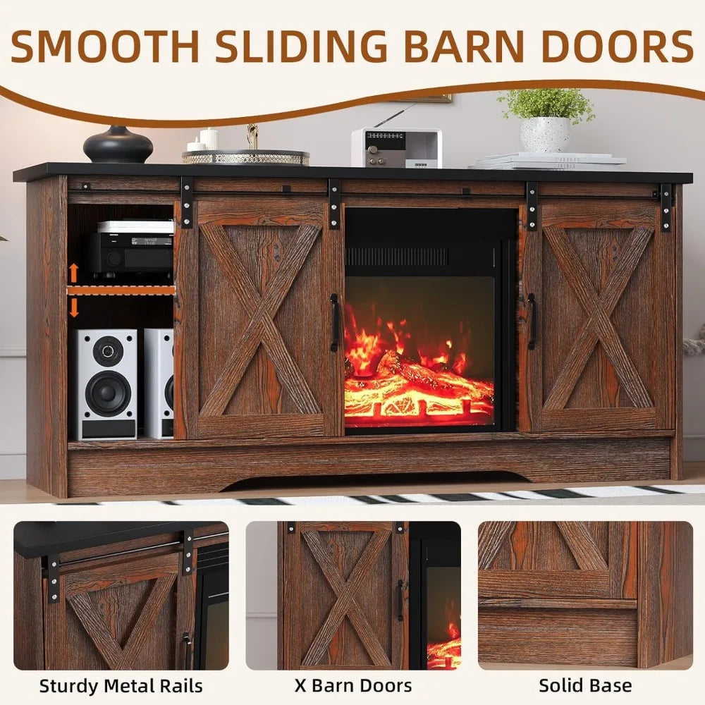 Fireplace TV Stand with Fireplace, Sliding Barn Door, Adjustable Storage Cabinets, Farmhouse Entertainment Center