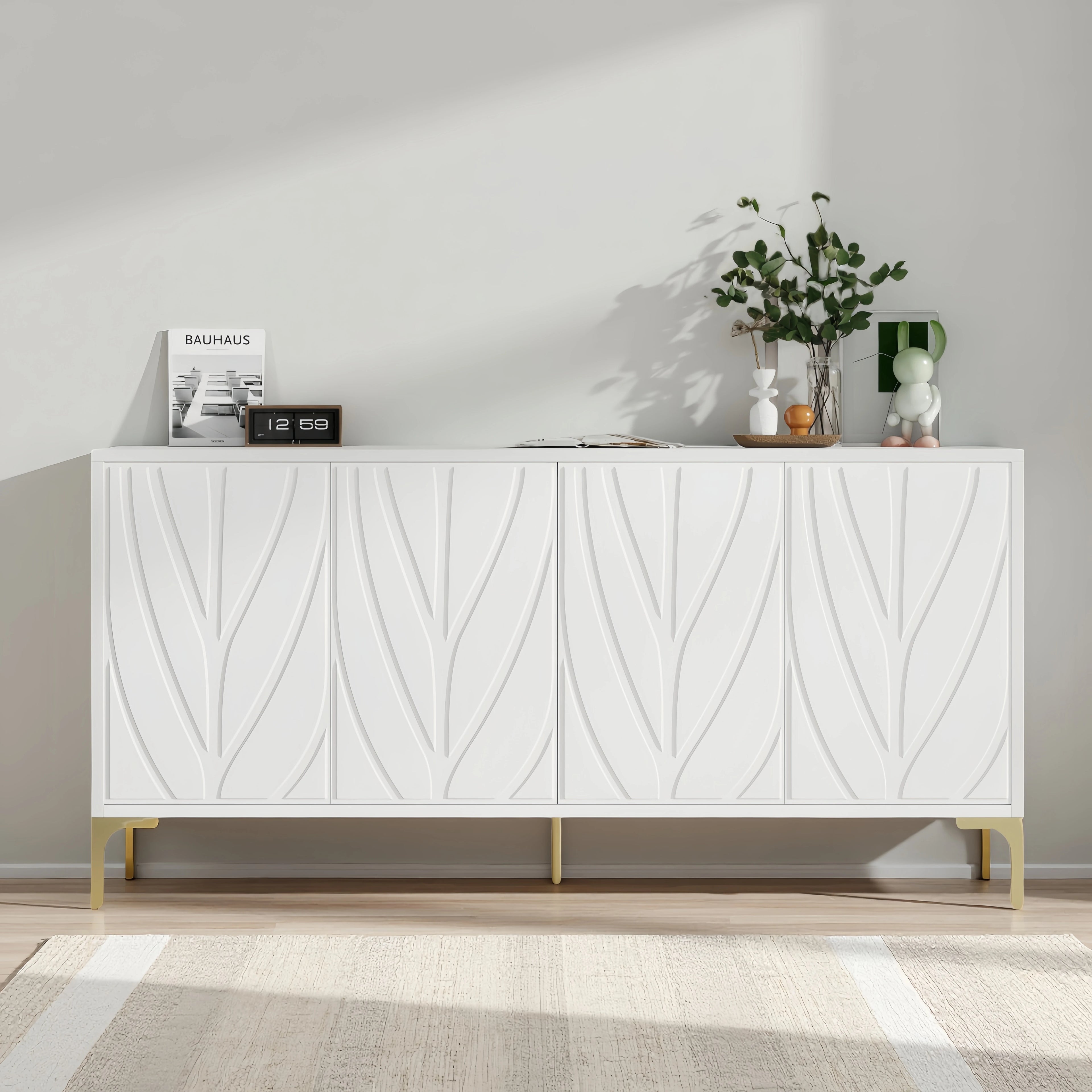 Creative carved 4-door Sideboard Handleless Press-to-Open Design Buffet Cabinet for Dining Room,Living Room, Bedroom, Hallway