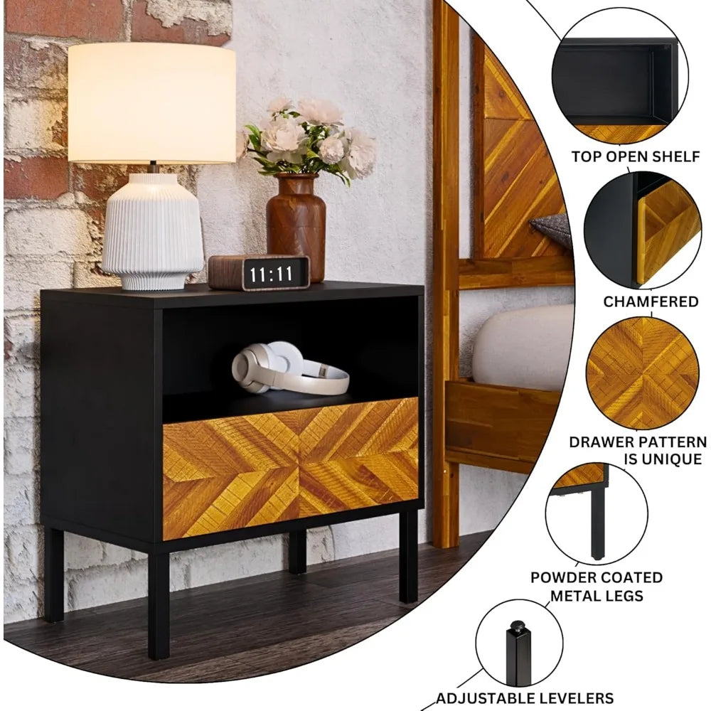 Rustic Herringbone Solid Wood Nightstand, Bedside Table for Easy Assembly in Traditional Bedroom Decor